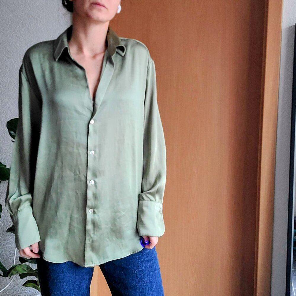Zara Sage Green Satin Button Down Long Sleeve Shirt Size Small - Picture 12 of 15